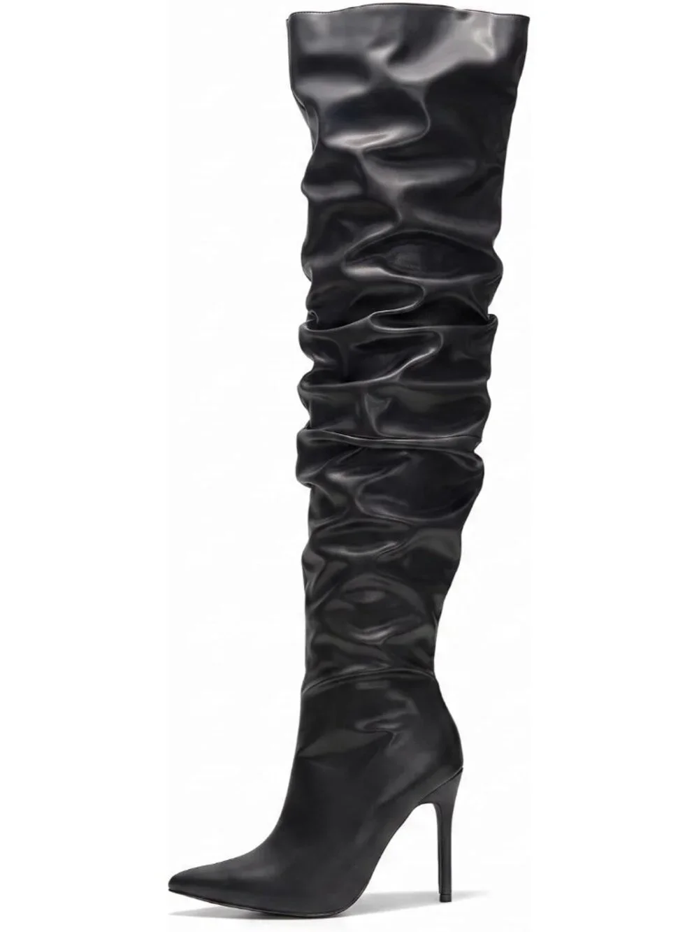 Women's Black Pointed Toe Thigh High Stiletto Heels Slouchy Over-the-Knee Boots